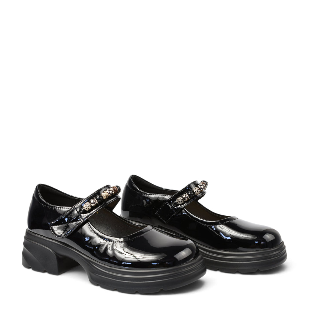 ada-shoes.ro Pass Collection black patent leather casual shoes with a decorative strap and chunky platform sole.