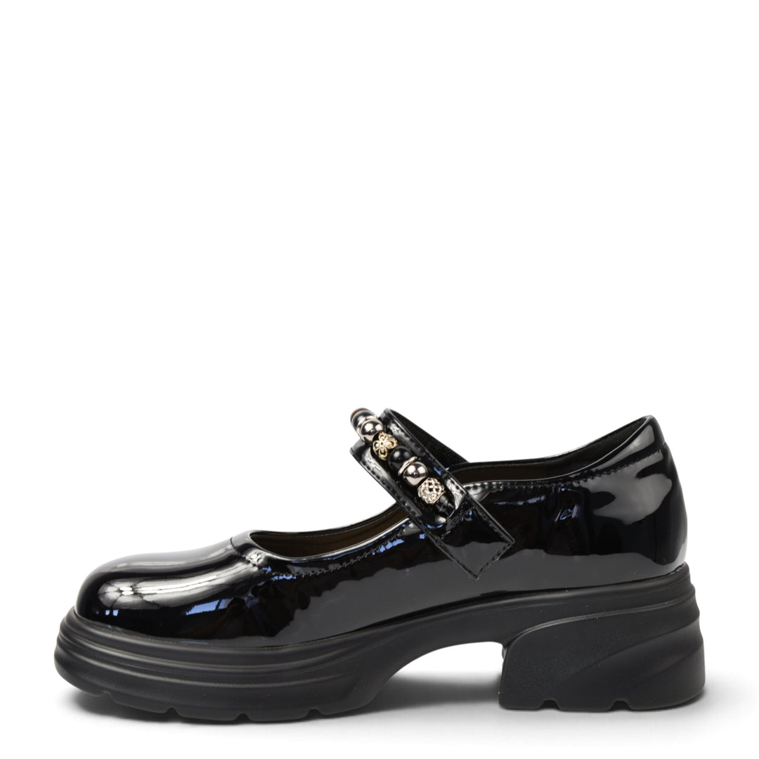 ada-shoes.ro black patent leather casual shoes with a decorative beaded strap and chunky 4.5cm sole, side view.