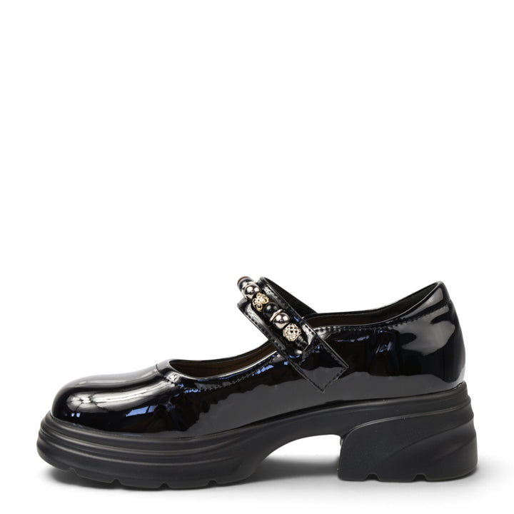 ada-shoes.ro black patent leather casual shoes with a decorative beaded strap and chunky 4.5cm sole, side view.