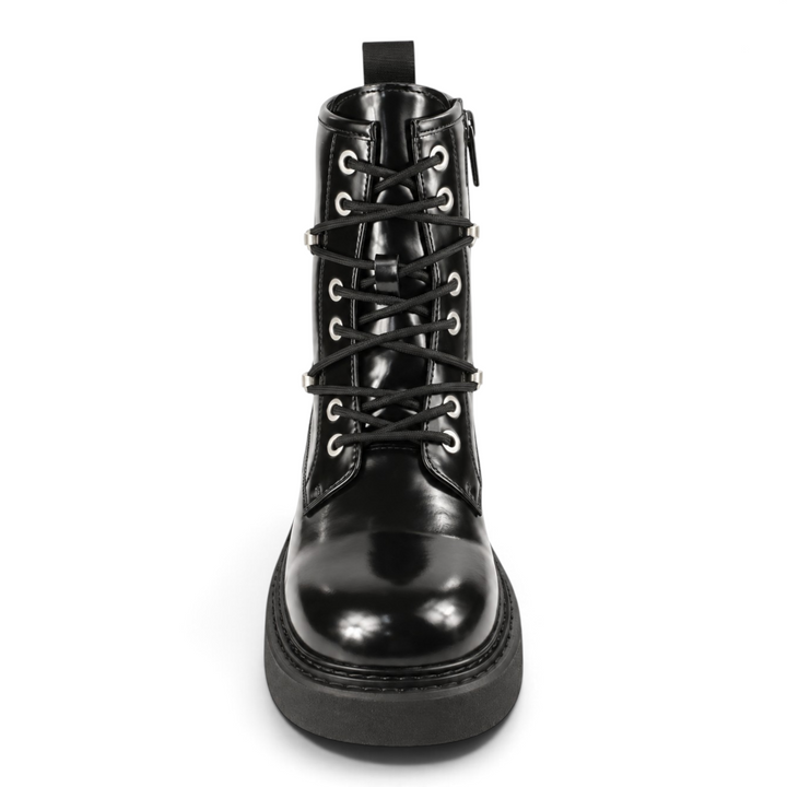 ada-shoes.ro Pass Collection black patent leather lace-up casual boots with side zipper and chunky sole