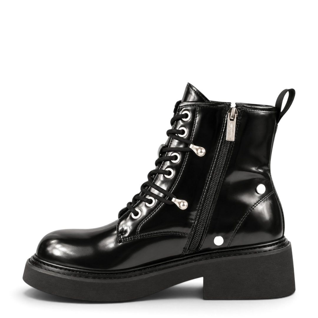 ada-shoes.ro Pass Collection black patent leather casual boots with side zipper, laces, and a chunky 4cm sole.