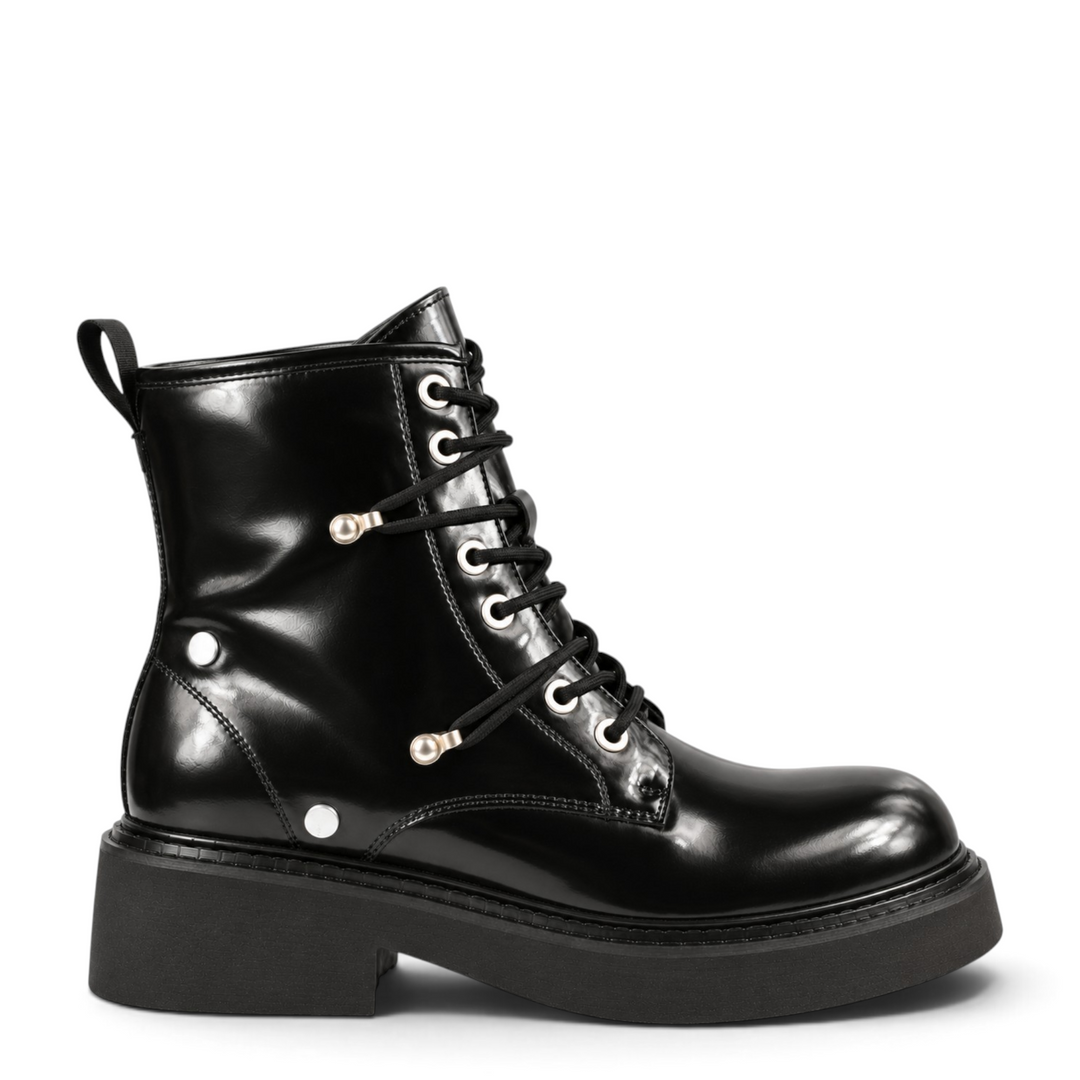 ada-shoes.ro Pass Collection black patent leather lace-up boots with side zipper and chunky sole for women