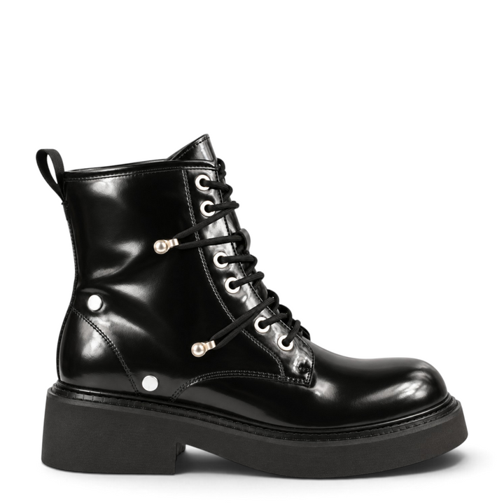 ada-shoes.ro Pass Collection black patent leather lace-up boots with side zipper and chunky sole for women