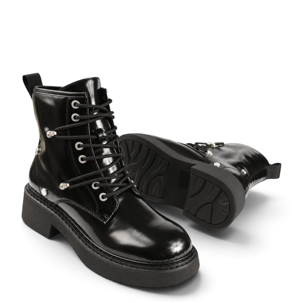 ada-shoes.ro Pass Collection black patent leather lace-up boots with side zipper and chunky sole