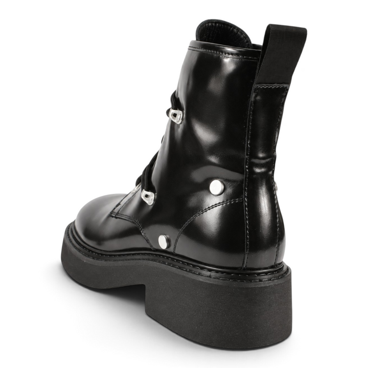 ada-shoes.ro Pass Collection black patent leather casual ankle boots with a chunky sole and metallic side details
