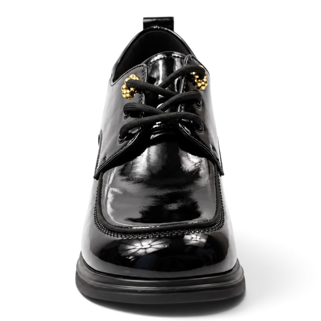 ada-shoes.ro Anna Viotti black patent leather casual shoes with gold metallic lace details and rounded toe
