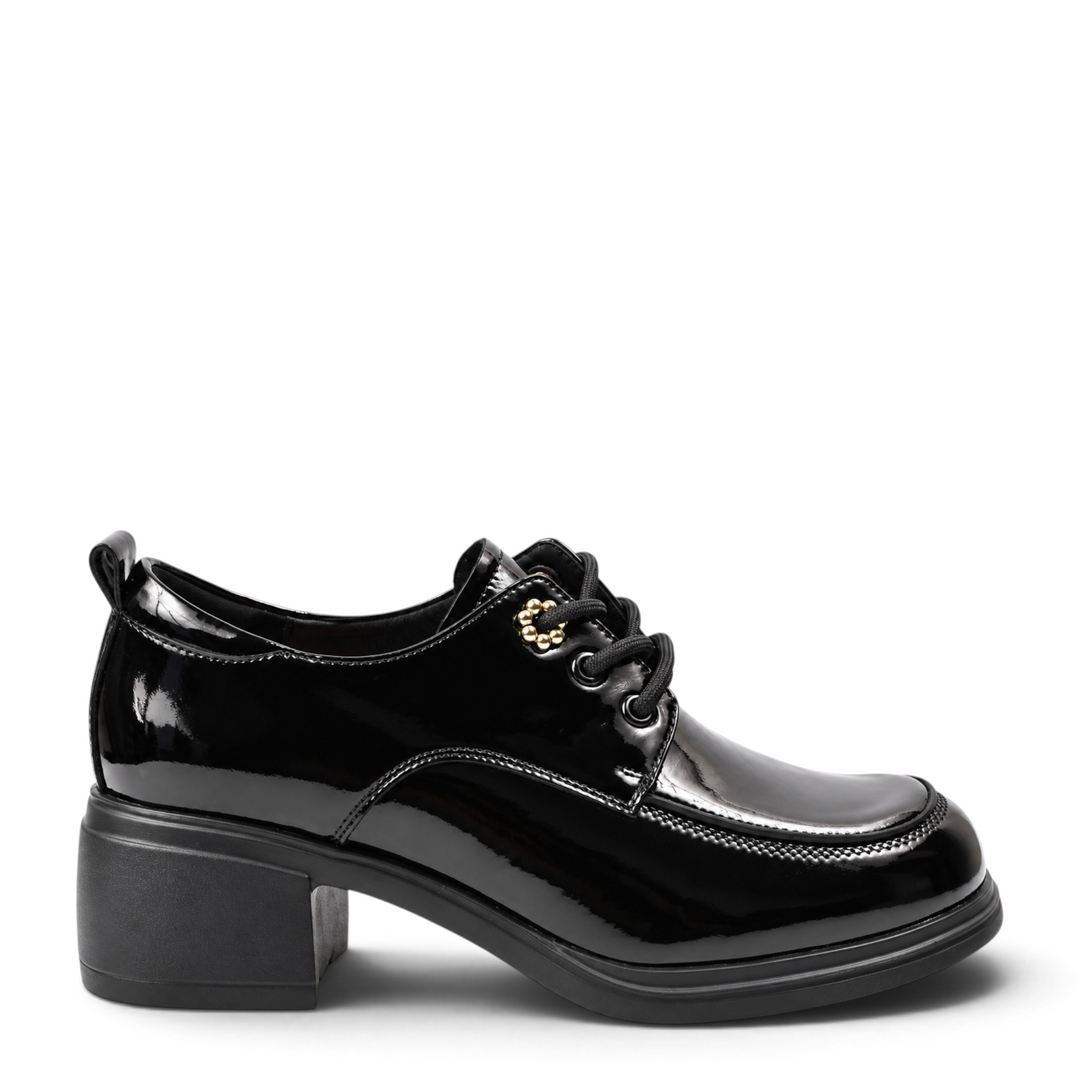 ada-shoes.ro Anna Viotti black patent leather casual shoes with gold metallic details and a stable block heel