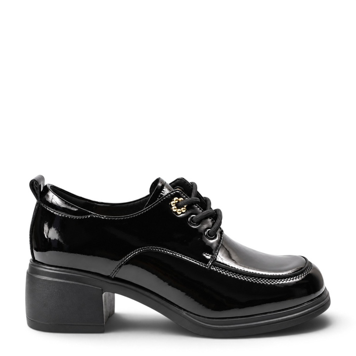 ada-shoes.ro Anna Viotti black patent leather casual shoes with gold metallic details and a stable block heel