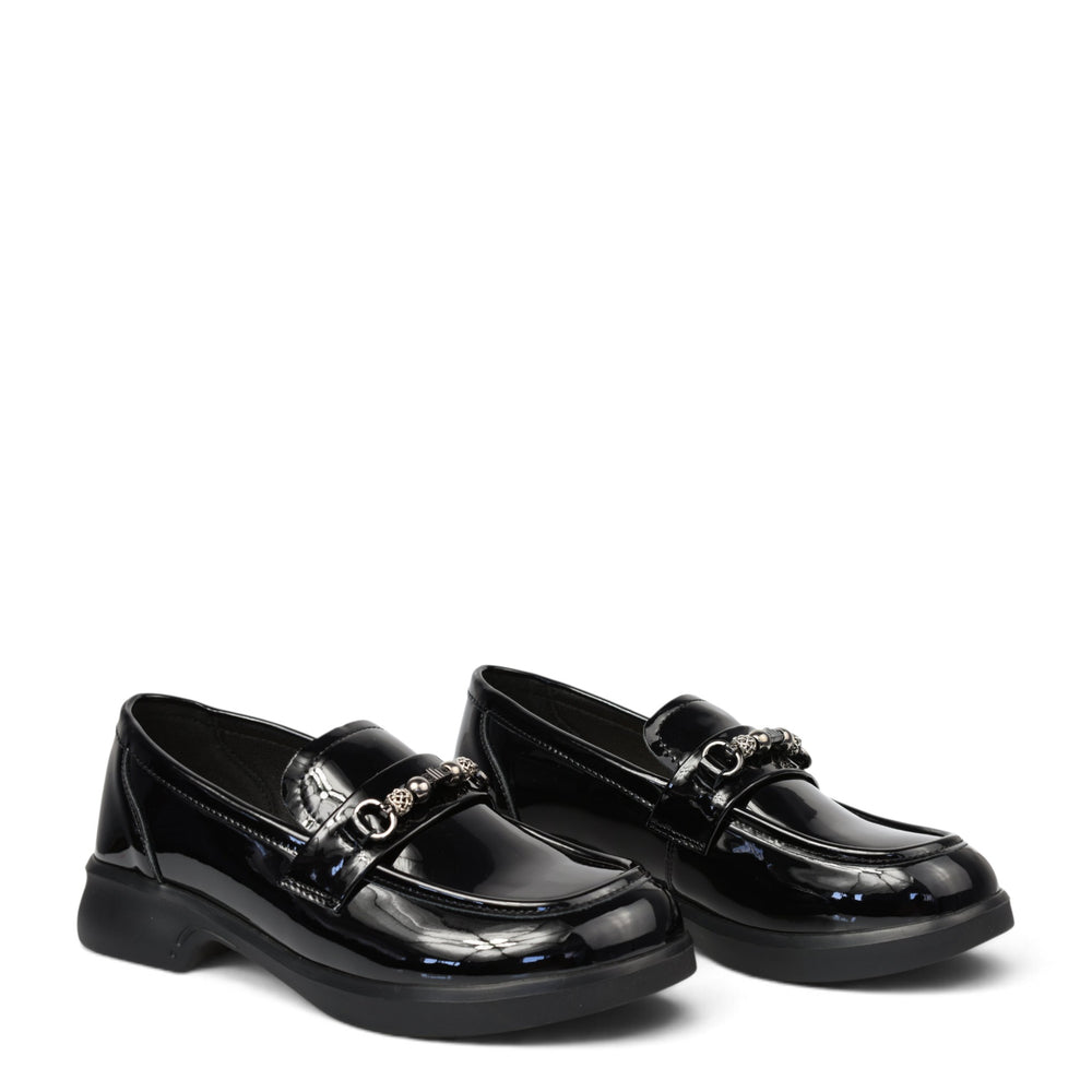 ada-shoes.ro black patent leather casual loafers with decorative metal hardware and a comfortable 3.5cm sole