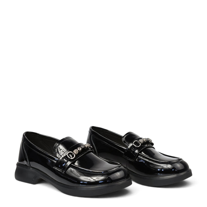ada-shoes.ro black patent leather casual loafers with decorative metal hardware and a comfortable 3.5cm sole