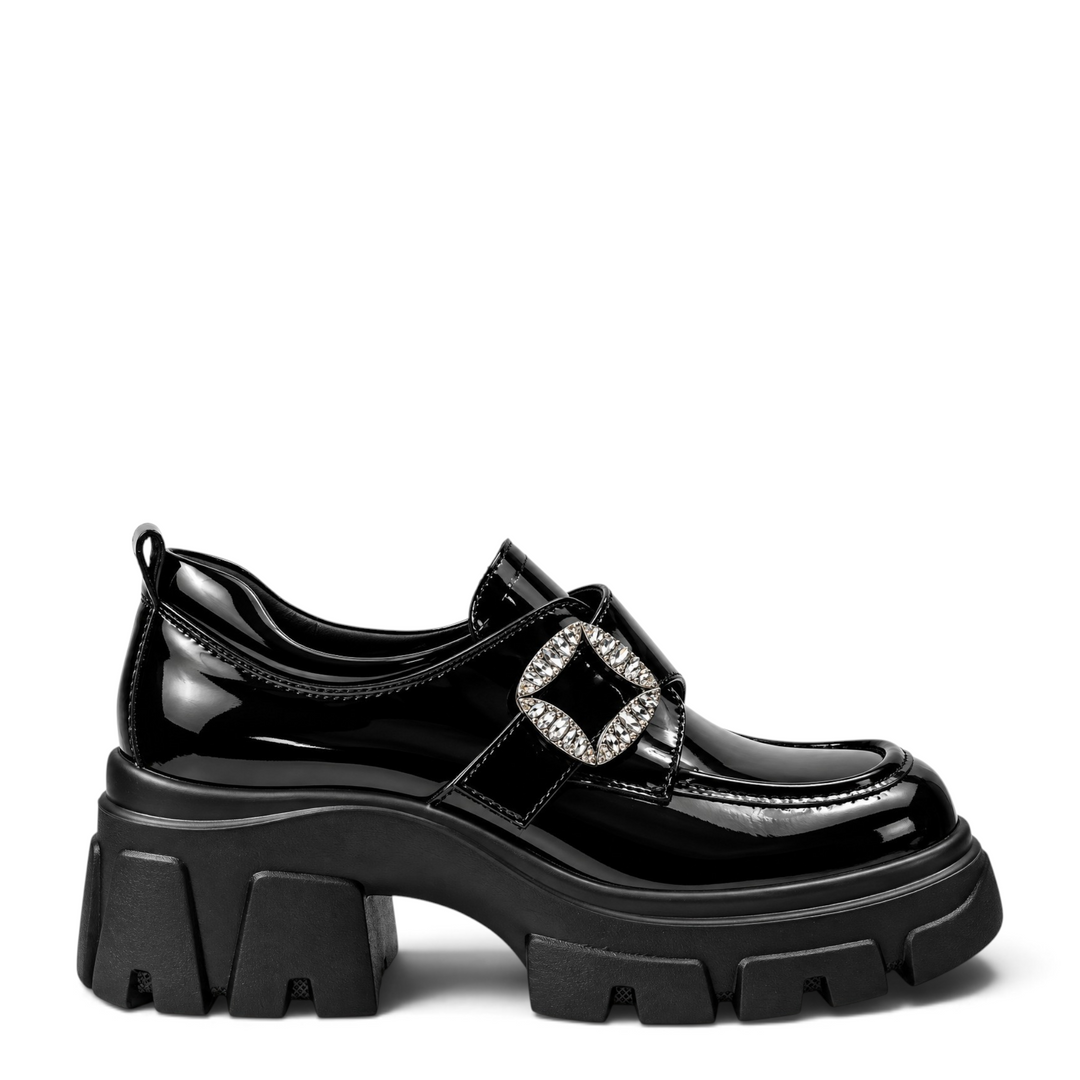 ada-shoes.ro black patent leather casual loafers with a chunky lug sole and a decorative crystal buckle