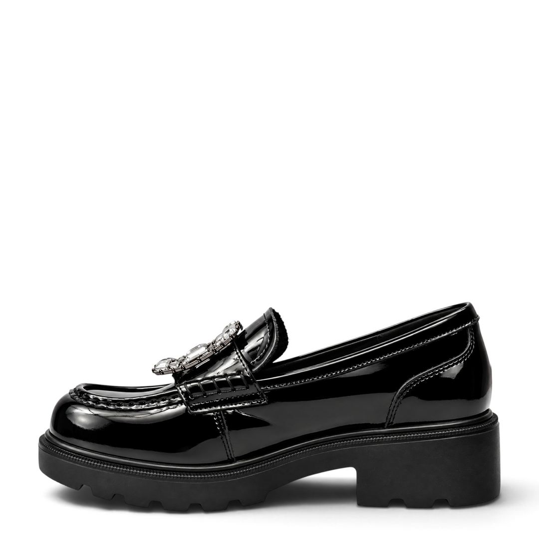 ada-shoes.ro Epica black patent leather loafers with a chunky lug sole and decorative metallic front detail