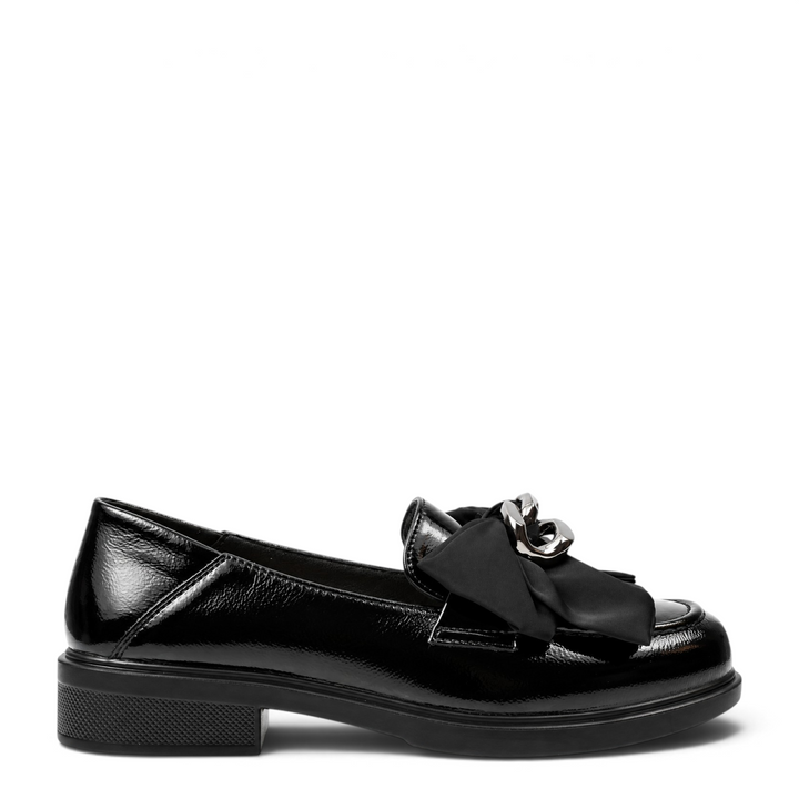 ada-shoes.ro black patent leather loafer with a decorative bow and metallic chain detail on a low block heel