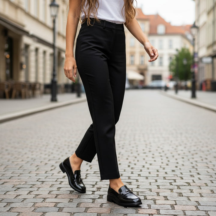 ada-shoes.ro black patent leather loafers worn by a woman walking on a cobblestone street