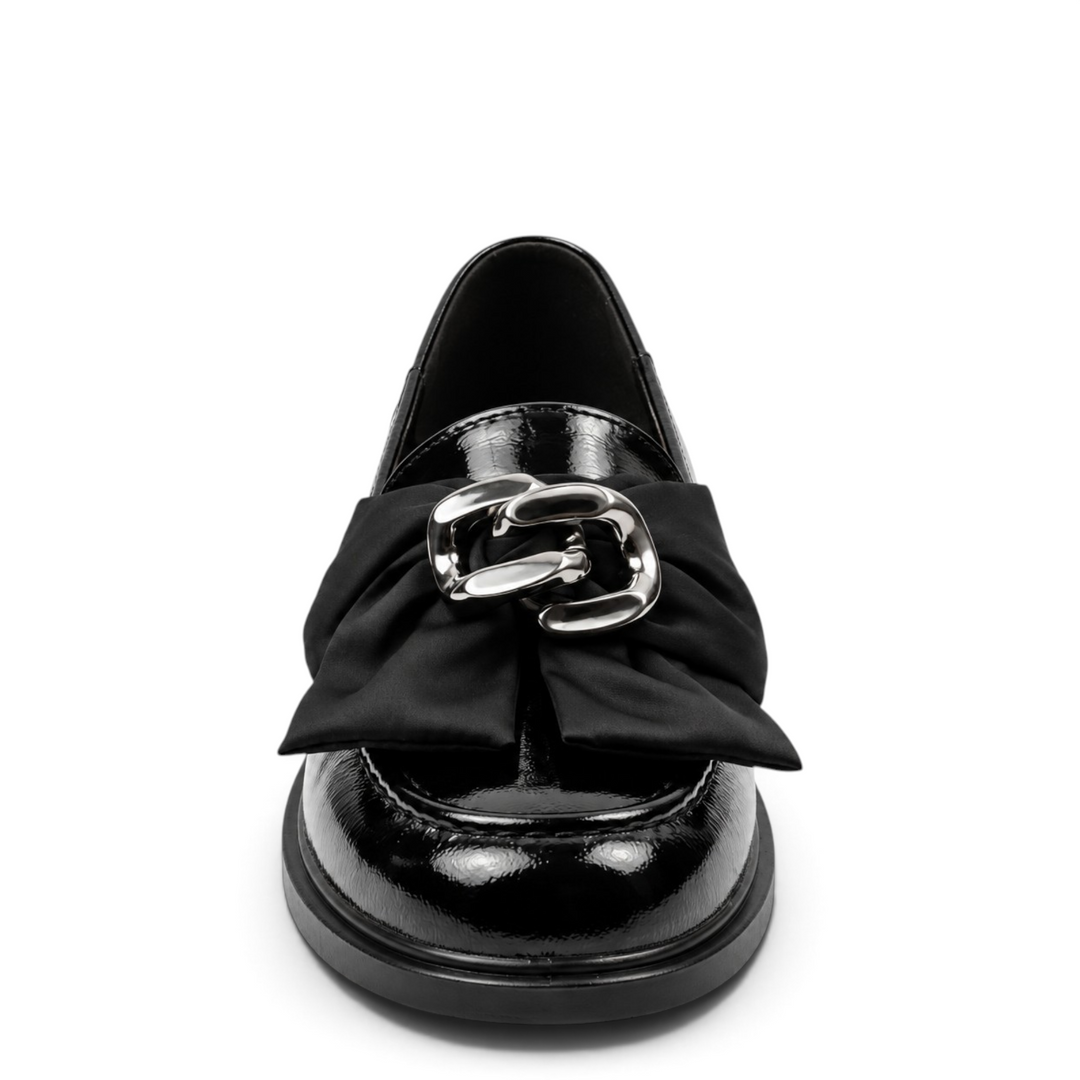 ada-shoes.ro black patent leather loafers with a decorative bow and silver chain detail on the front