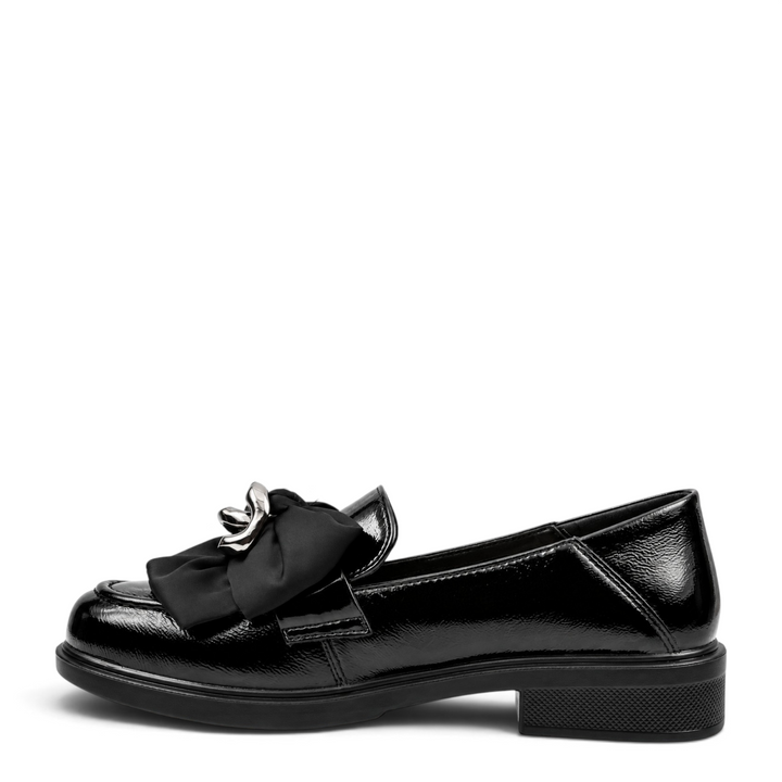 ada-shoes.ro black patent leather loafers with a decorative bow and metallic accent, featuring a low block heel.