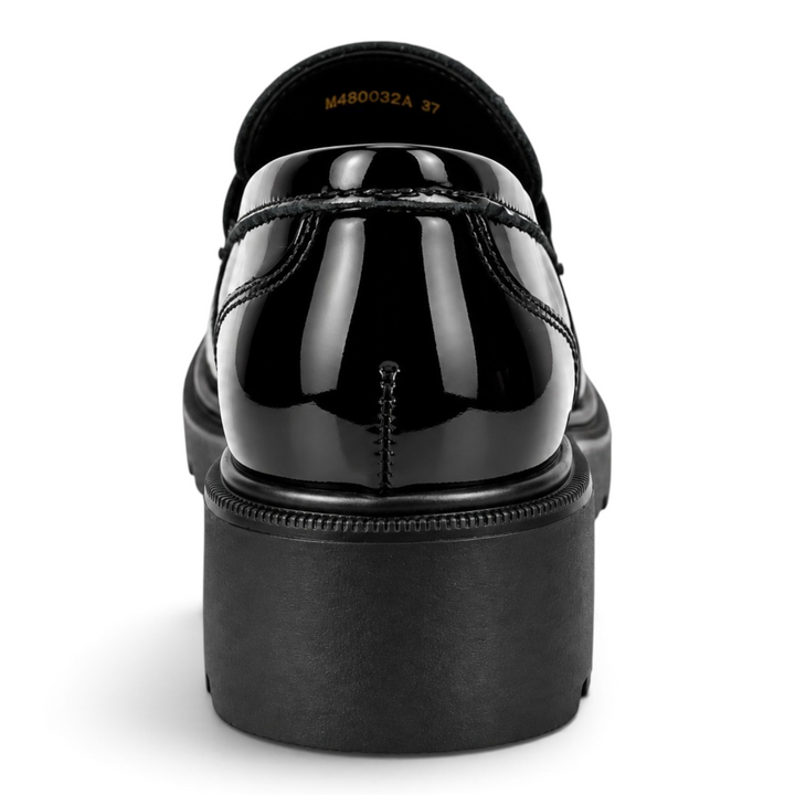 ada-shoes.ro Epica black patent leather loafers featuring a chunky sole and 4.5 cm heel, back view.