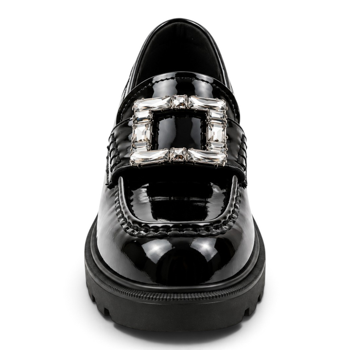 ada-shoes.ro Epica black patent leather loafers with a chunky lug sole and a decorative crystal buckle detail