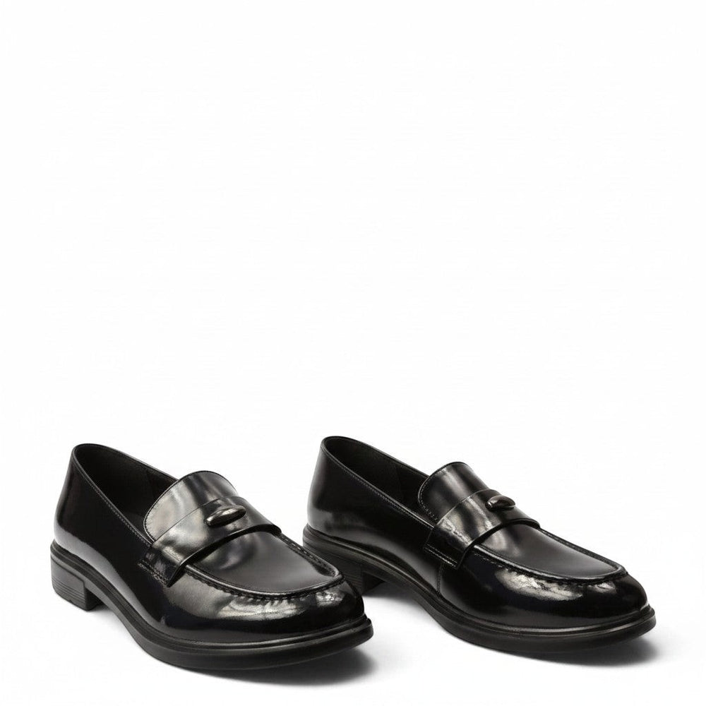 ada-shoes.ro black patent leather loafers for women with a comfortable low heel and classic slip-on design