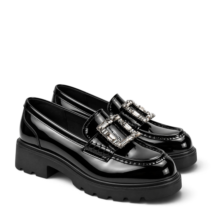 ada-shoes.ro Epica black patent leather loafers with a chunky lug sole and a decorative crystal buckle detail.