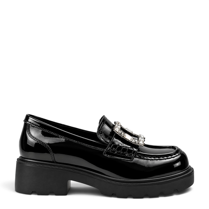 ada-shoes.ro Epica black patent leather loafers with a chunky lug sole and decorative crystal buckle detail