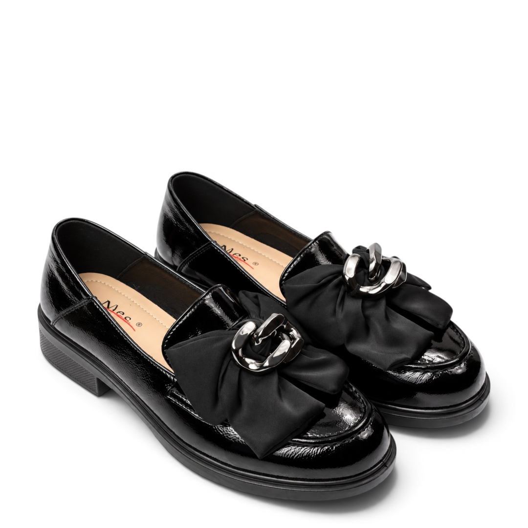 ada-shoes.ro black patent leather loafers with a decorative bow and metal chain detail on a low heel