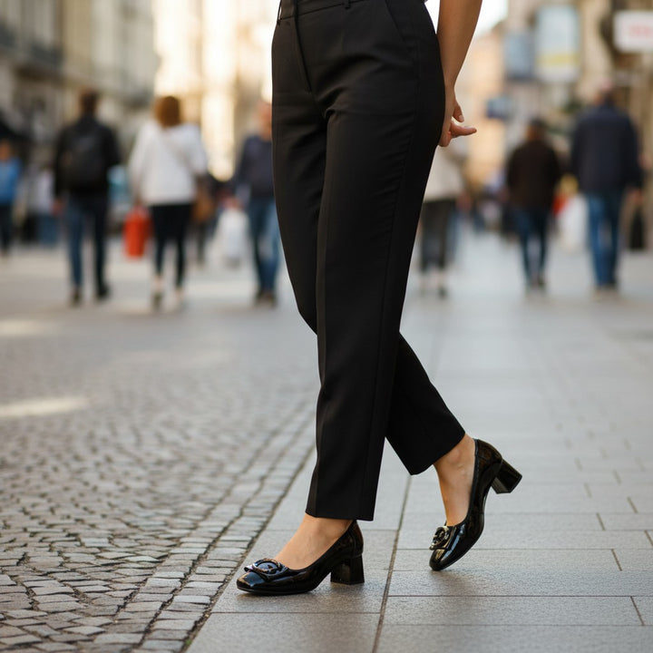 ada-shoes.ro black patent leather pumps with low block heels worn with black trousers on a city street