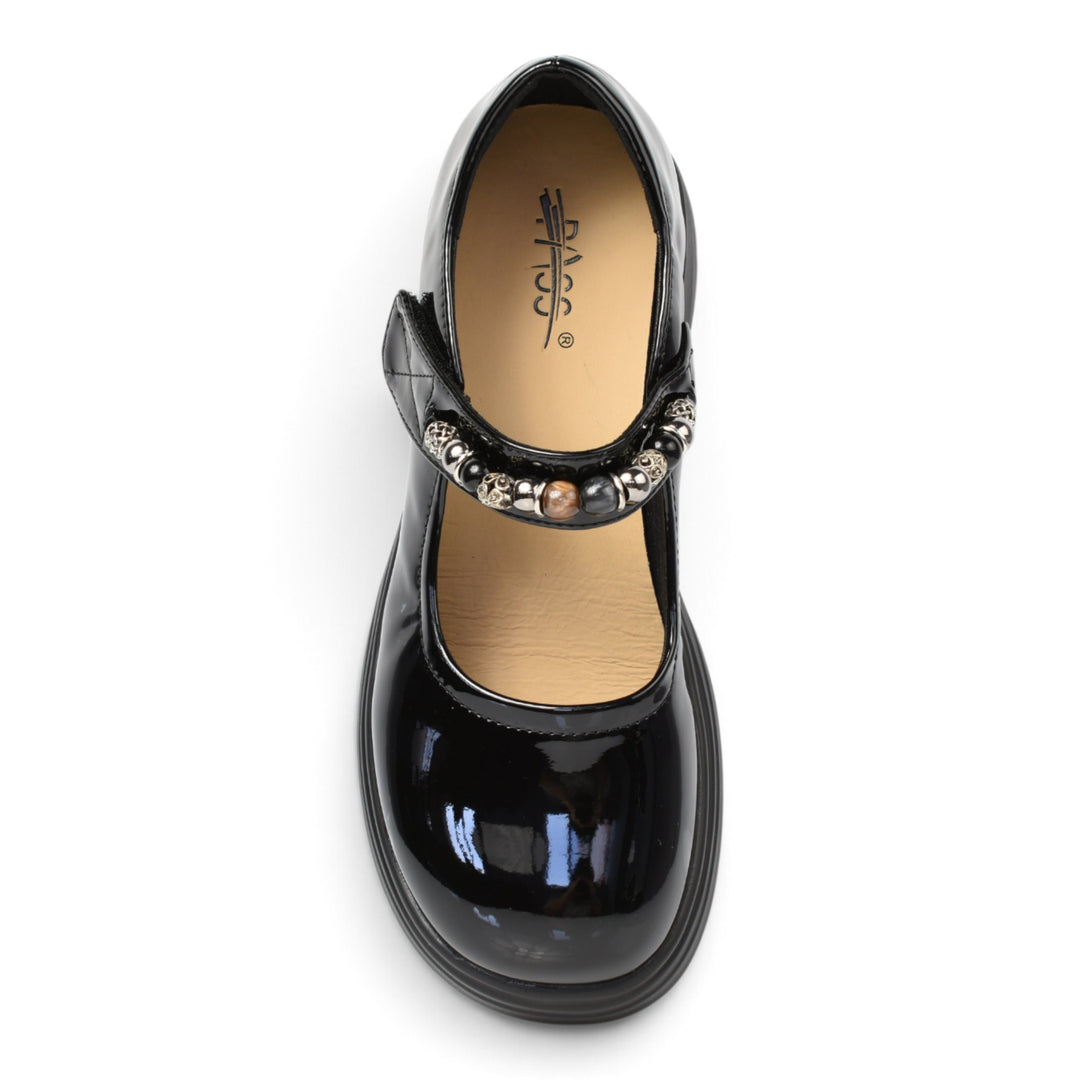ada-shoes.ro black patent leather casual shoes with a decorative beaded strap and hook-and-loop closure