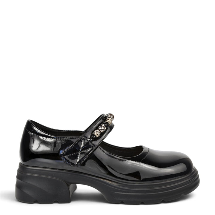 ada-shoes.ro black patent leather casual shoes with a chunky sole, velcro strap, and decorative metallic studs.