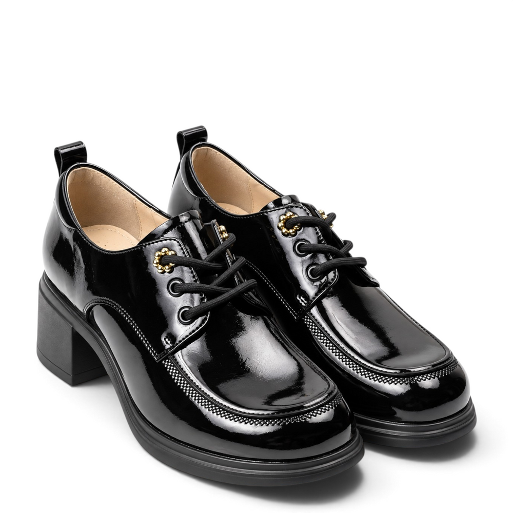ada-shoes.ro Anna Viotti black patent leather casual shoes with gold metal details and a stable block heel