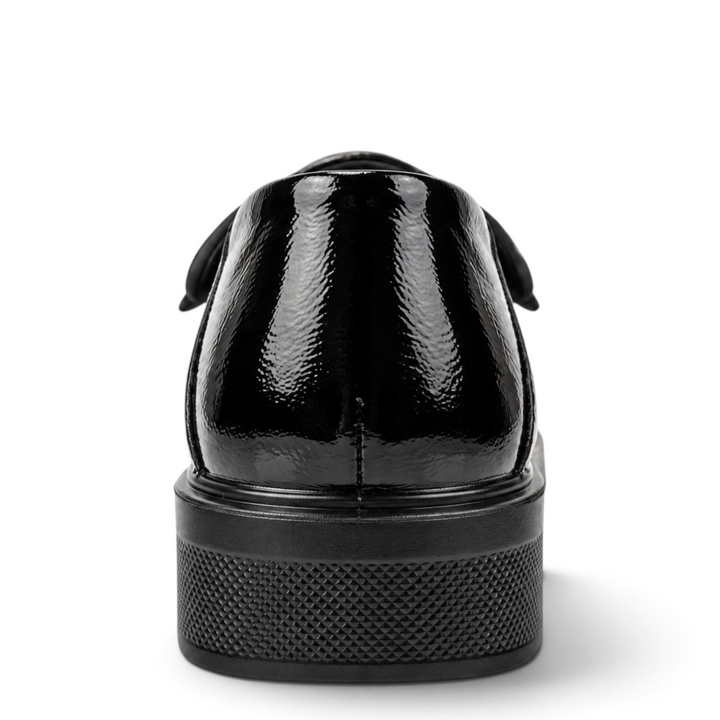 ada-shoes.ro Pass Collection black patent leather loafer viewed from the back showing the textured sole and 3cm heel