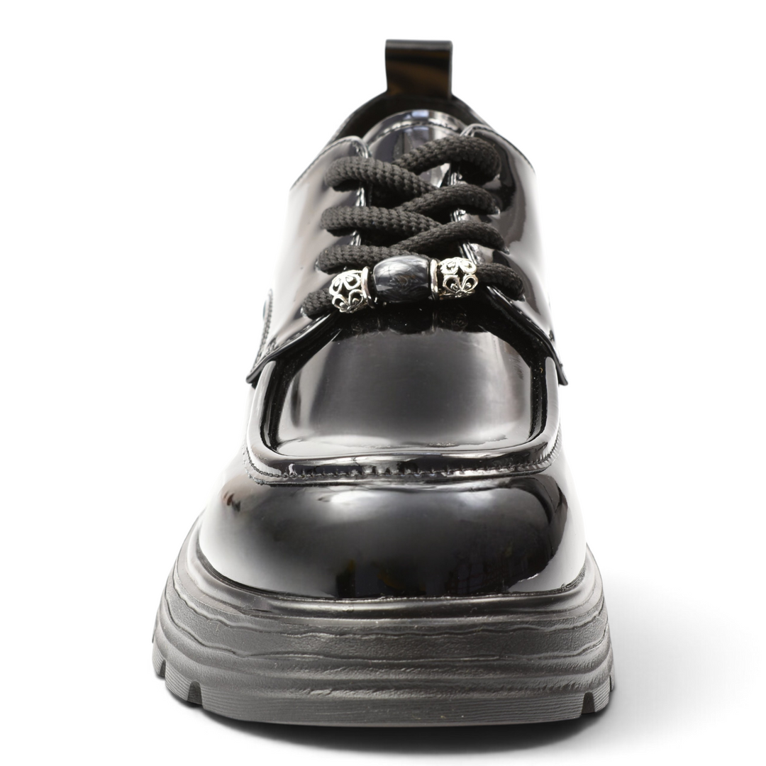 ada-shoes.ro Pass Collection black patent leather casual shoes with thick platform sole and decorative lace beads