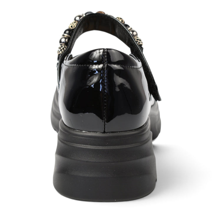 ada-shoes.ro black patent leather casual shoes with a thick platform sole and beaded strap detail, rear view.