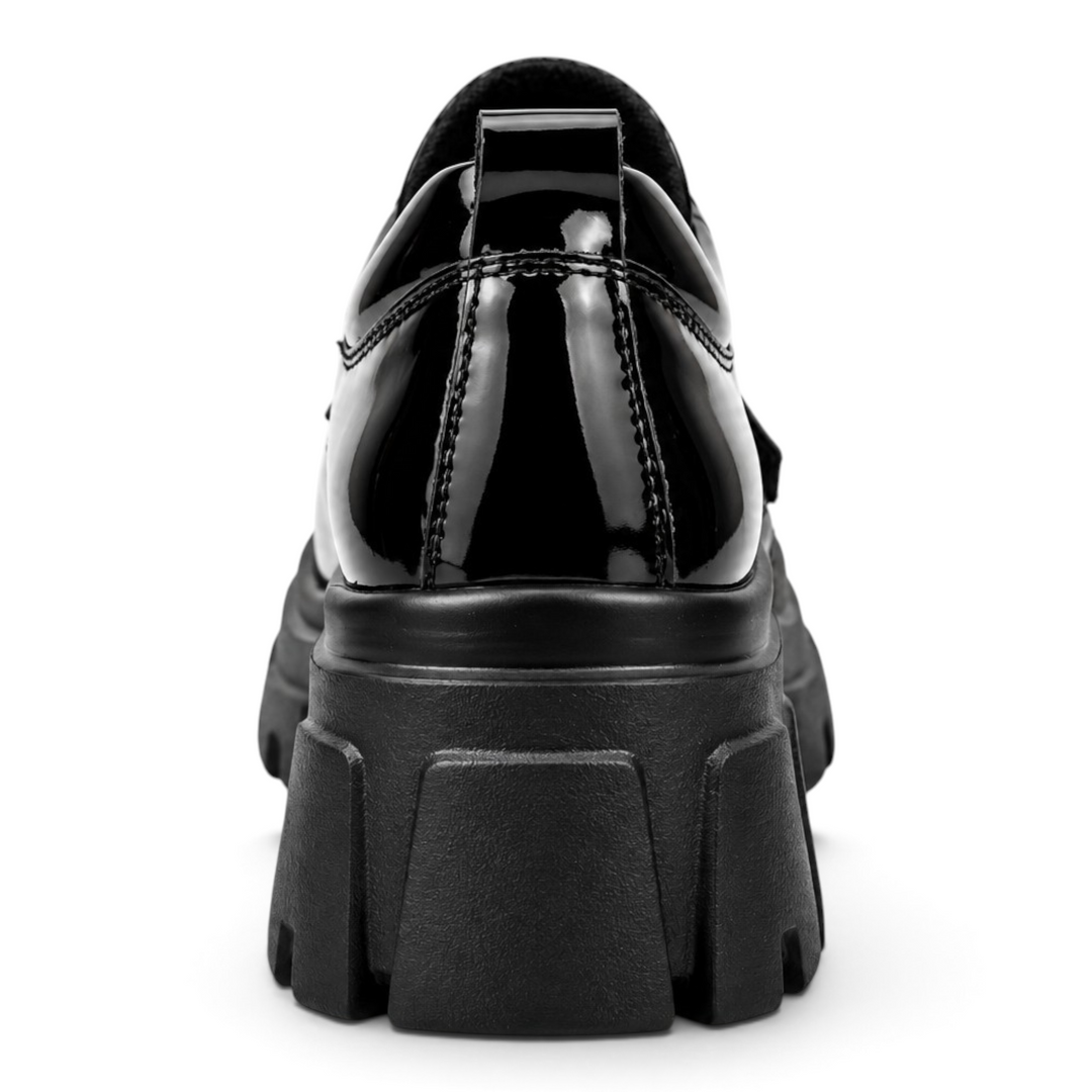 ada-shoes.ro Pass Collection black patent leather casual shoes with a chunky platform heel, back view