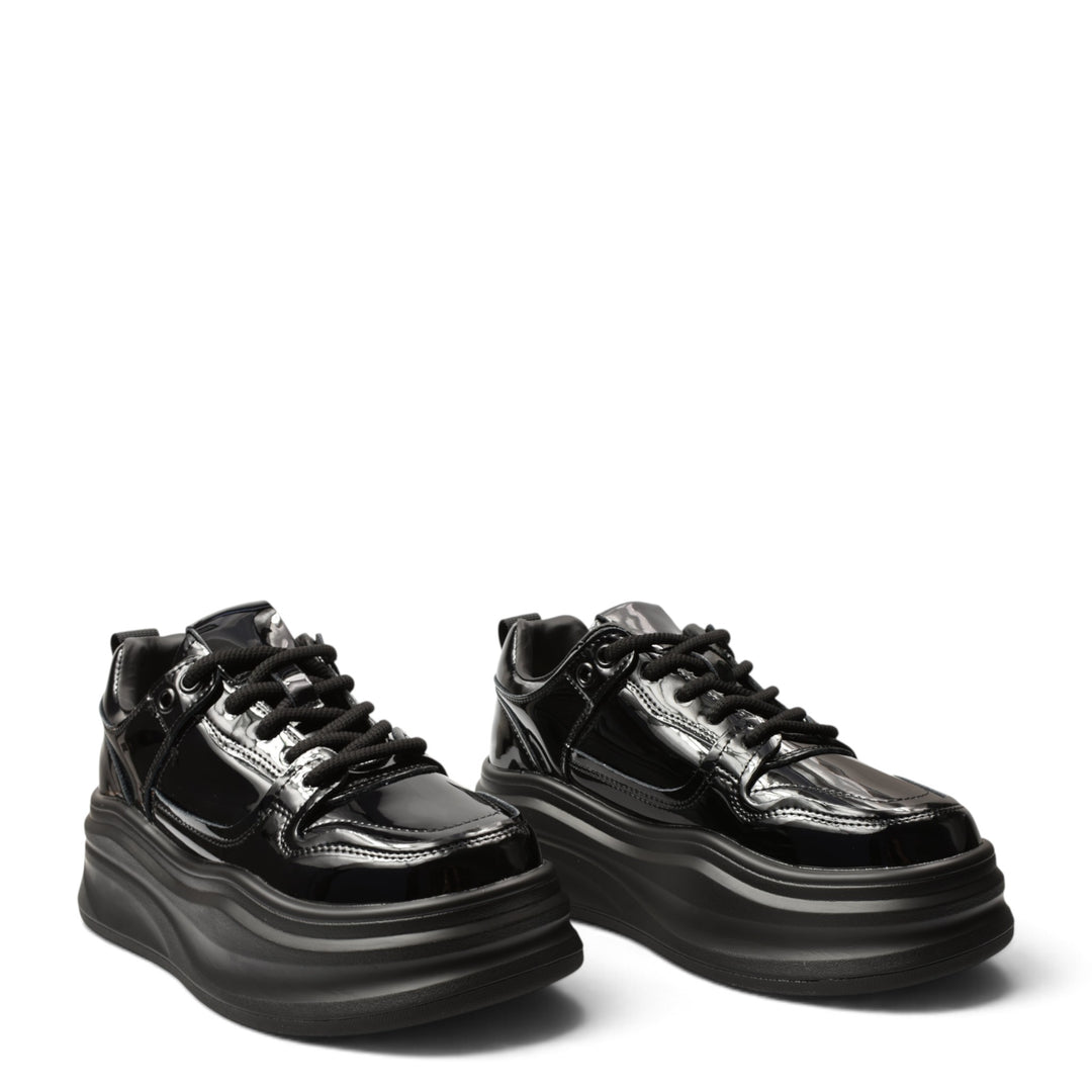 ada-shoes.ro black patent leather platform sneakers with lace-up closure and flexible 5cm sole for women