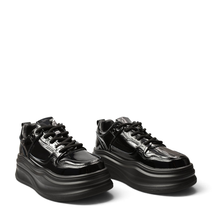 ada-shoes.ro black patent leather platform sneakers with lace-up closure and flexible 5cm sole for women