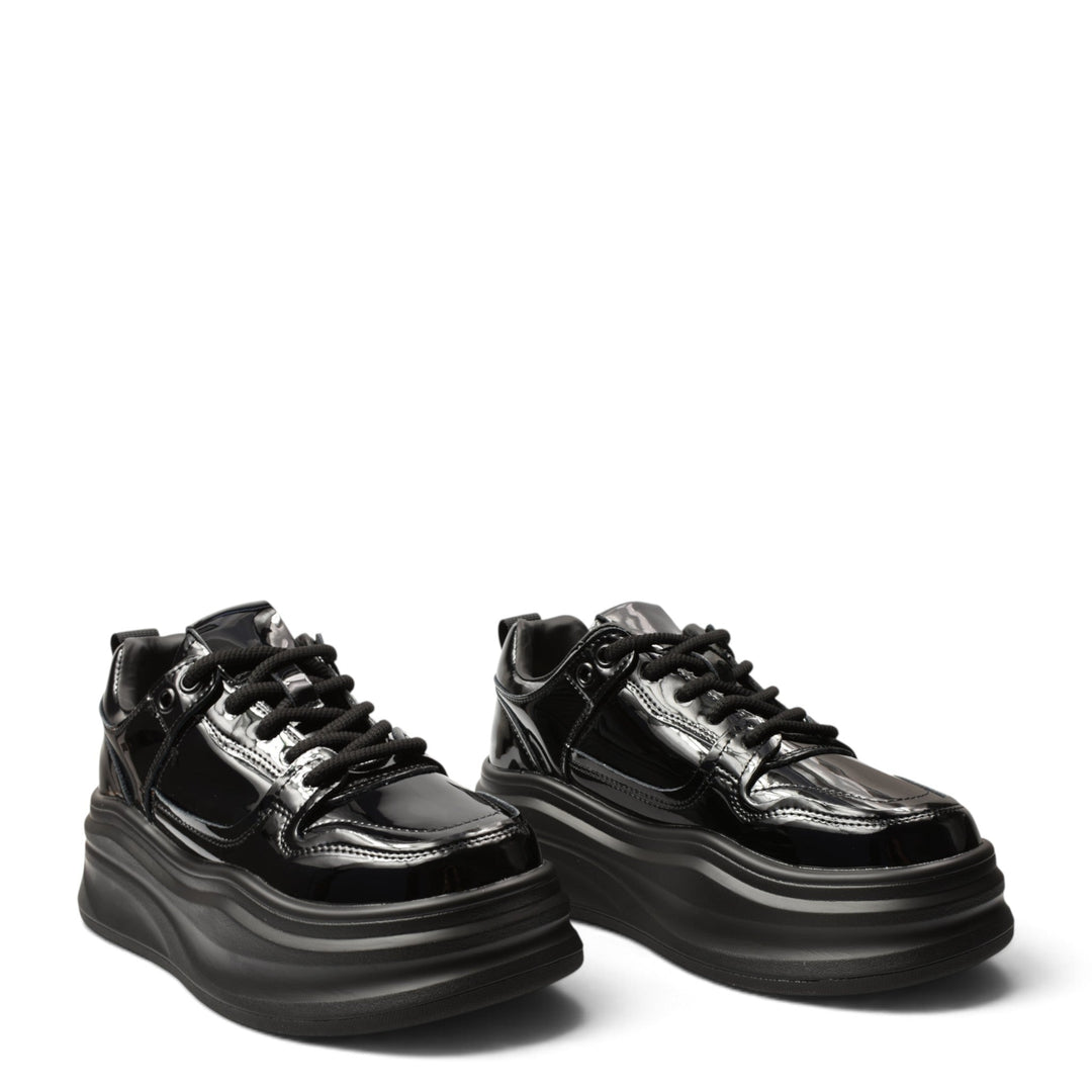 ada-shoes.ro black patent leather platform sneakers with lace-up closure and flexible 5cm sole for women