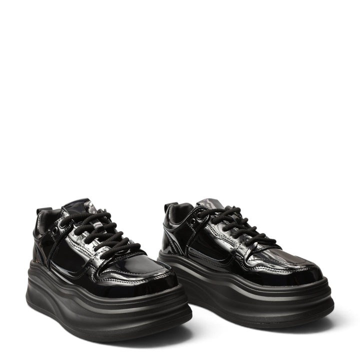 ada-shoes.ro black patent leather platform sneakers with lace-up closure and flexible 5cm sole for women