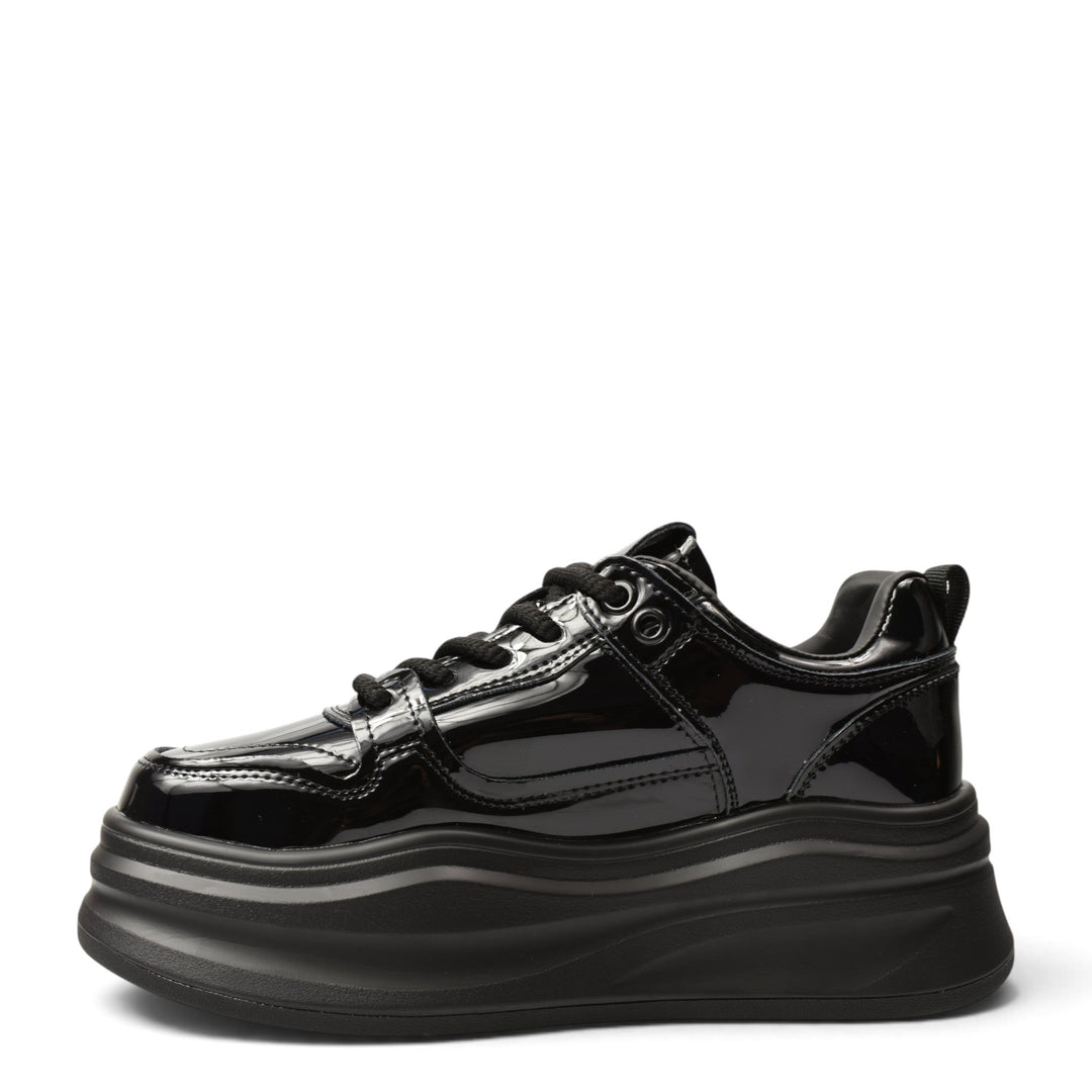 ada-shoes.ro black patent leather sneakers with a thick platform sole and lace-up closure for women