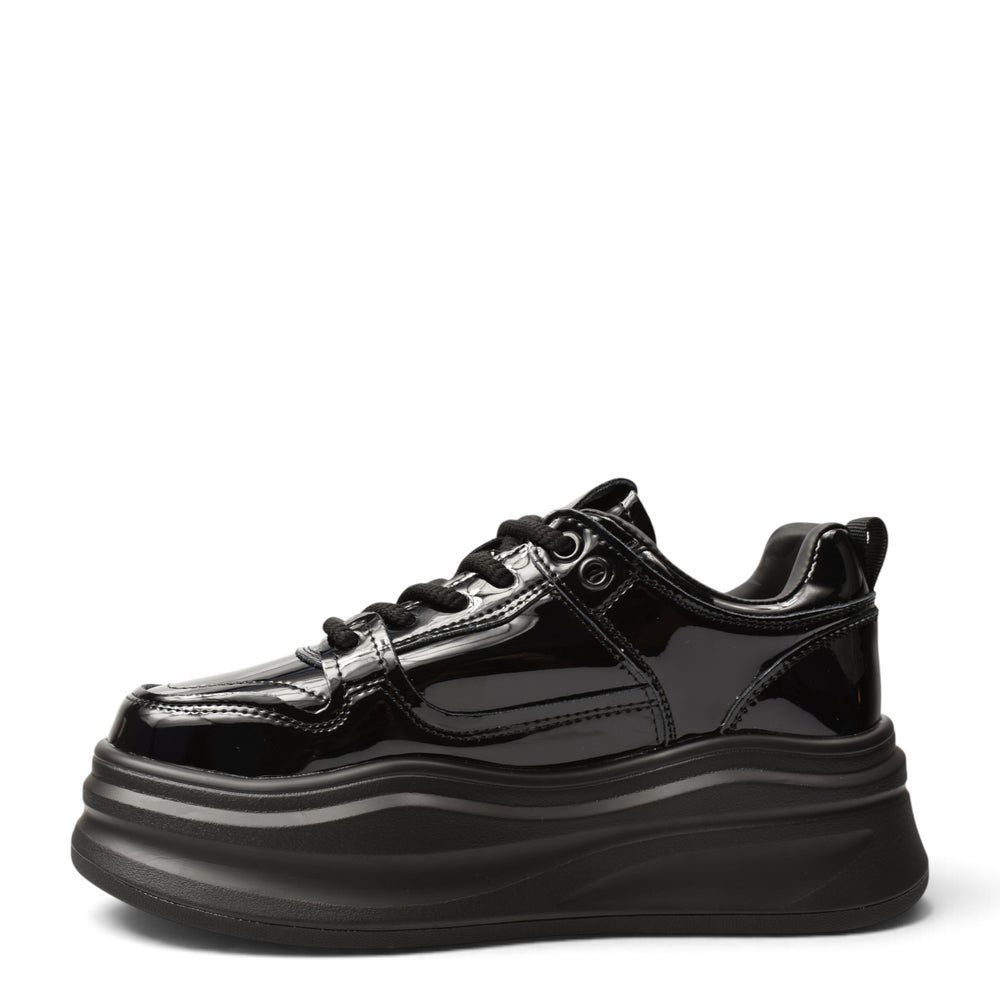 ada-shoes.ro black patent leather sneakers with a thick platform sole and lace-up closure for women