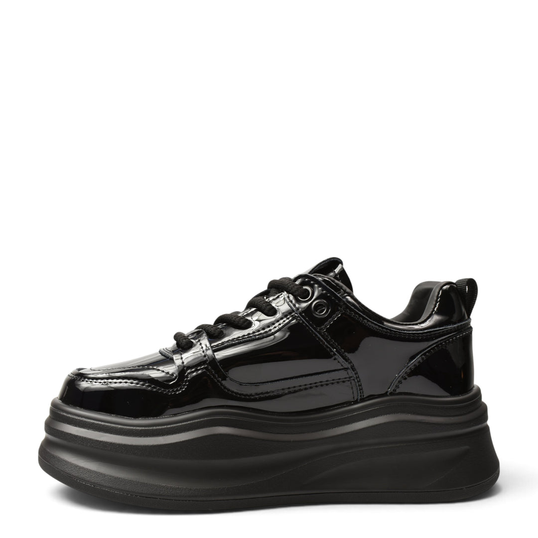 ada-shoes.ro black patent leather sneakers with a thick platform sole and lace-up closure for women