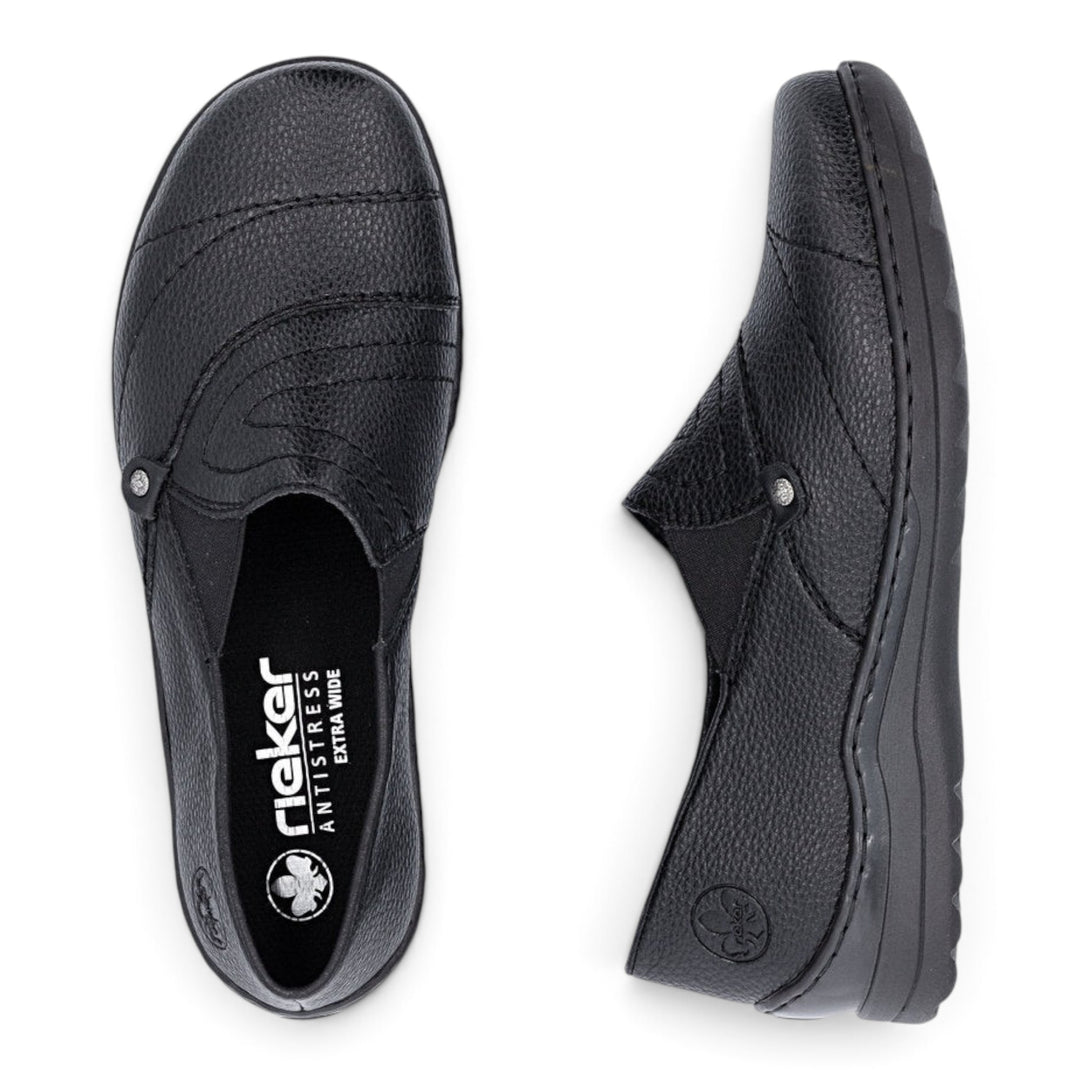 ada-shoes.ro black Rieker slip-on casual shoes with extra wide fit, textured synthetic leather, and elastic side panels.