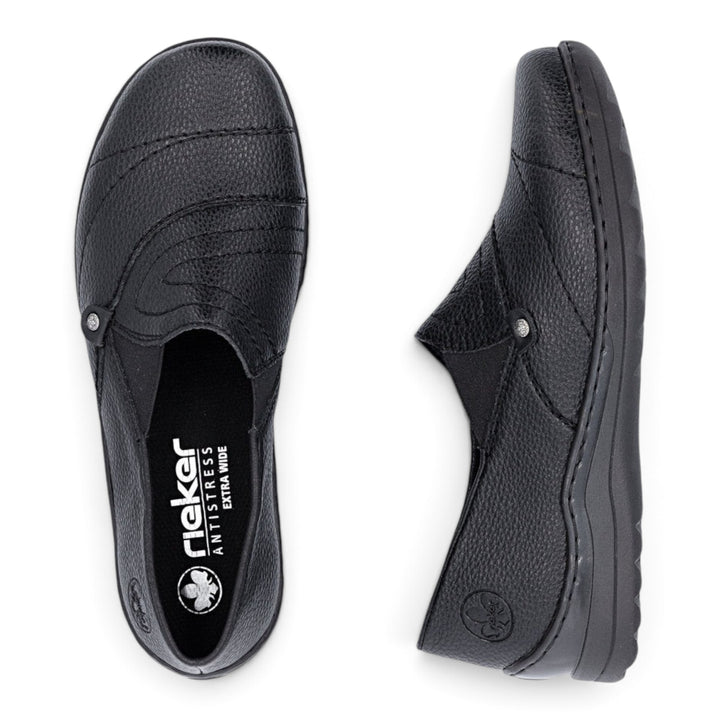 ada-shoes.ro black Rieker slip-on casual shoes with extra wide fit, textured synthetic leather, and elastic side panels.