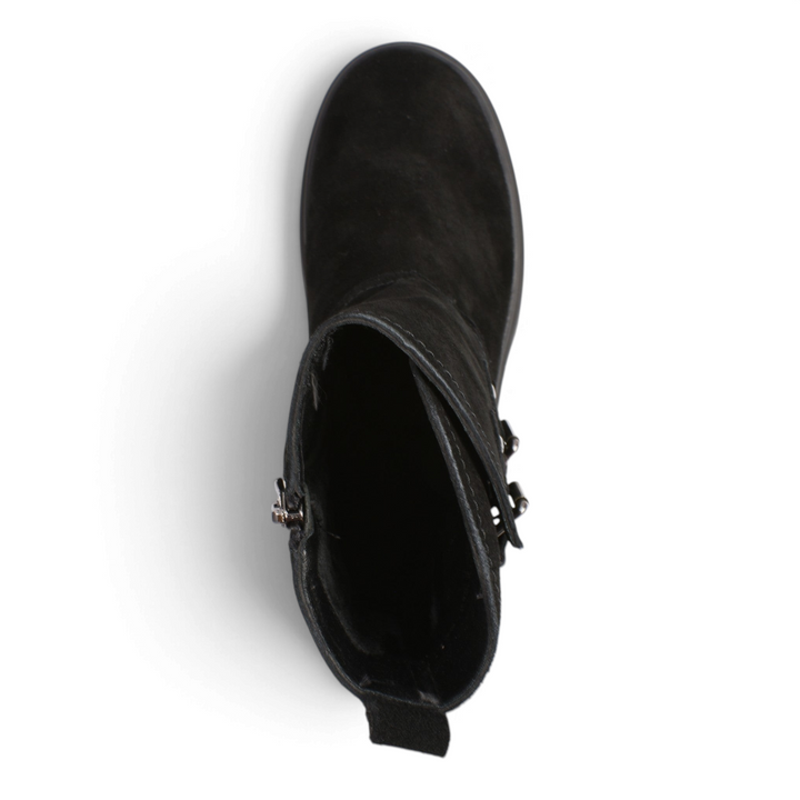 ada-shoes.ro black suede ankle boots with silver buckles and thick sole, top view