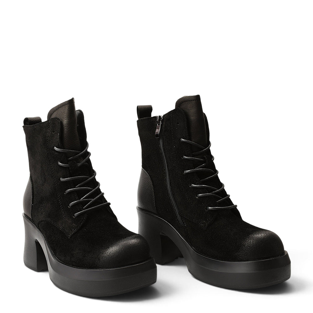 ada-shoes.ro black suede casual ankle boots with a 7 cm block heel, lace-up front, and side zipper closure.