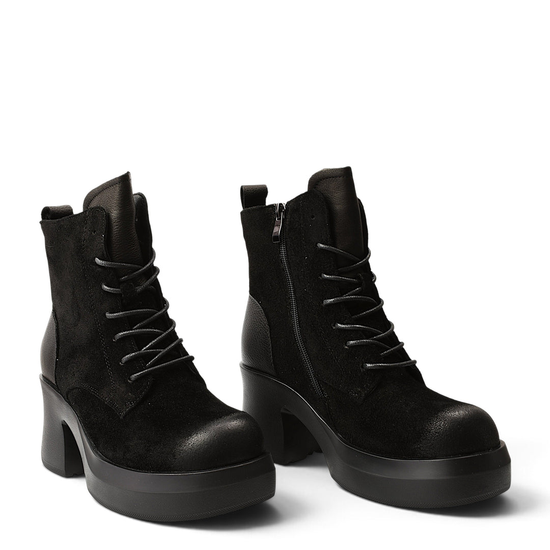 ada-shoes.ro black suede casual ankle boots with a 7 cm block heel, lace-up front, and side zipper closure.