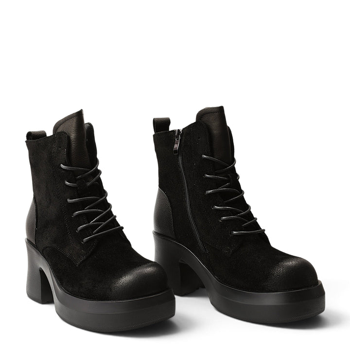 ada-shoes.ro black suede casual ankle boots with a 7 cm block heel, lace-up front, and side zipper closure.
