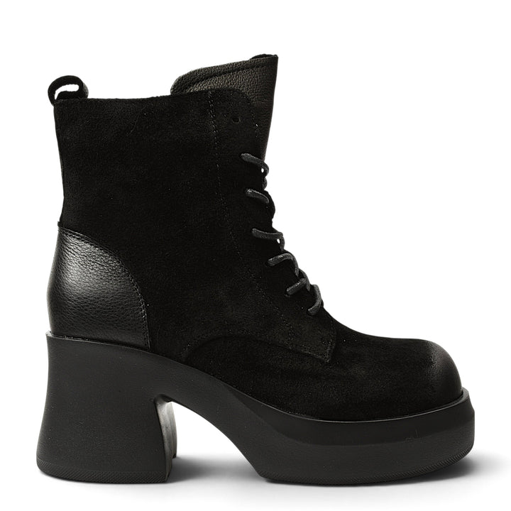 ada-shoes.ro black suede ankle boots with lace-up front, side zipper, and a 7cm block heel for a casual look