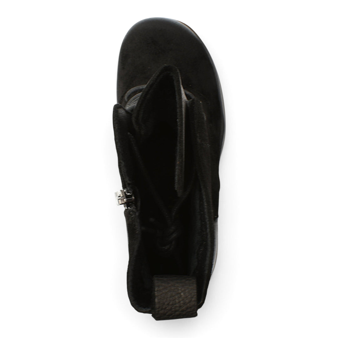 ada-shoes.ro black suede ankle boots with lace-up and zipper closure, viewed from above.