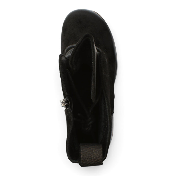 ada-shoes.ro black suede ankle boots with lace-up and zipper closure, viewed from above.